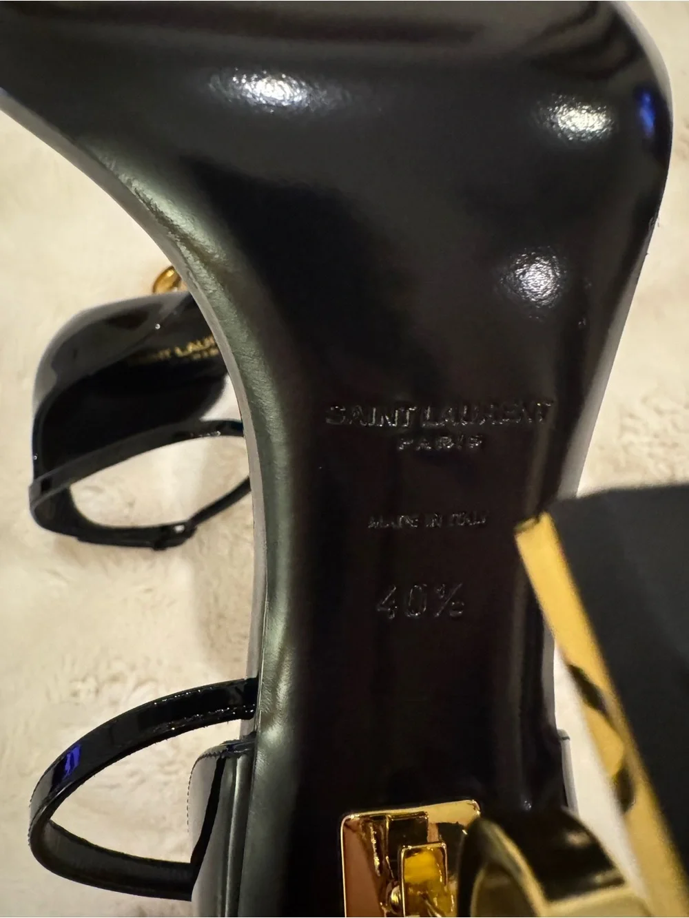 Saint Laurent Black Patent Heels with Gold YSL Logo Heel - Picture 5 of 5